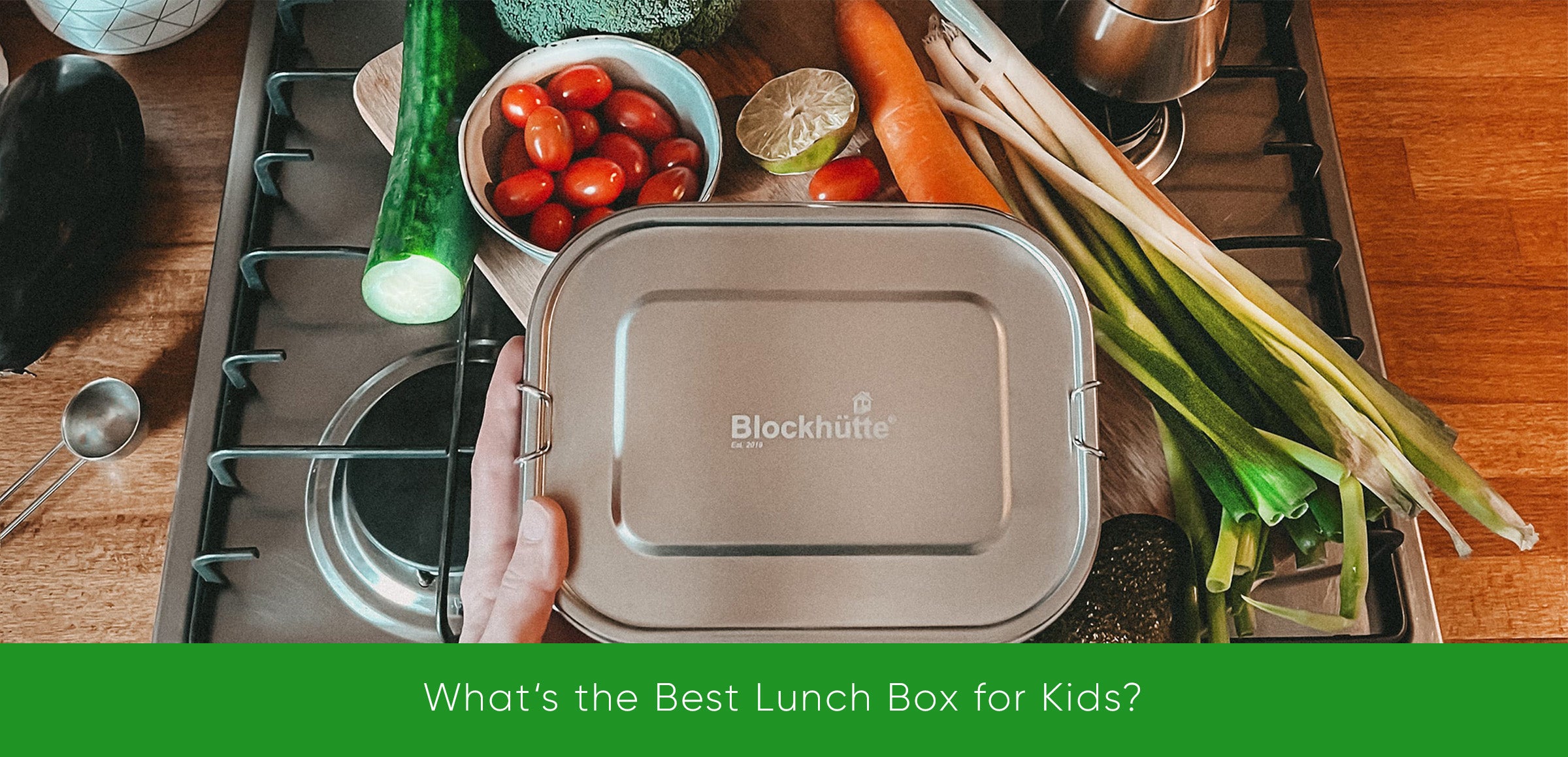 Blockhuette stainless steel lunch box for kids surrounded by vegetabls