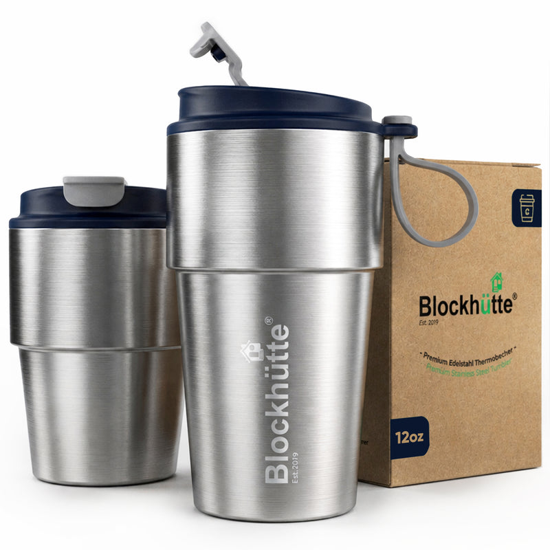 Stainless Steel Insulated Travel Mug with Leak-Proof Snap Lid in Navy Blue, 12 oz, shown with its packaging