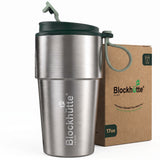 Stainless Steel Insulated Travel Mug with Leak-Proof Snap Lid in Dark Green, 17 oz, shown with its packaging