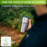Stainless Steel Insulated Travel Mug with Leak-Proof Snap Lid outdoors on the go – Dark Green, 17 oz