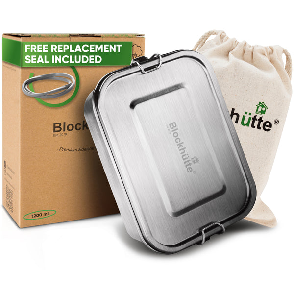 Blockhuette stainless steel lunchbox with packaging and dust bag.
