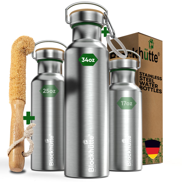Blockhuette vacuum insulated stainless steel water bottle in three sizes (17oz, 25oz, 34oz) with packaging and natural bristle brush