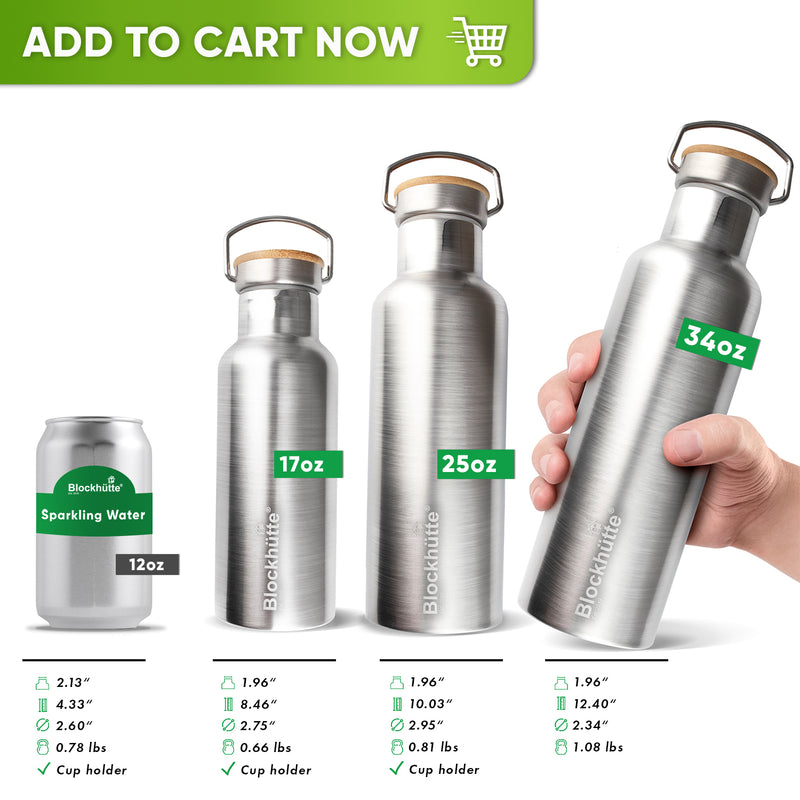The 3 Blockhuette stainless steel water bottles in comaprison to a water can
