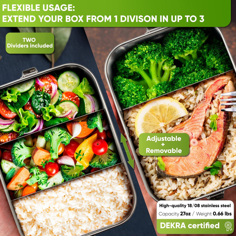 Infographic: two open lunch boxes with salad, vegetables, rice, broccoli and salmon; 2 dividers included, 27 oz, 0.66 lb
