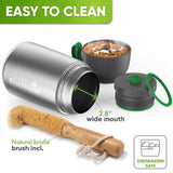 Food jar parts: steel body with 2.8 in wide mouth, lid cup filled with soup, gray screw lid, natural bristle brush