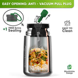Cutaway graphic: anti-vacuum pull plug lifted from the food jar lid, rice and stir-fry inside, extra sealing ring inset