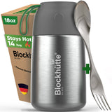 Insulated food jar, 18 oz, brushed stainless steel with gray lid, box reading Stays Hot 14 hrs, spork beside it