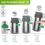 Size chart: 18, 24 and 34 oz food jars beside a 12 oz can, each printed 2.75 in opening, 6.29 in tall, 3.74 in wide, 0.76 lb