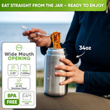 Infographic, 34 oz food jar: wide mouth 2.75 in, 1.02 lb, 18/8 stainless steel, BPA free, dishwasher safe; pasta on a spork