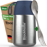 Insulated food jar with dark blue lid, 34 oz, closed, next to its box reading Stays Hot 14 hrs, with a steel spork