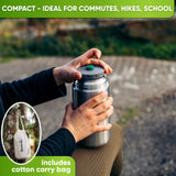 Hands closing the gray lid of a stainless steel food jar on an outdoor path; inset shows the included cotton carry bag
