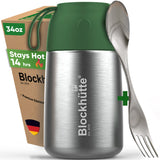 Insulated food jar with dark green lid, 34 oz, closed, next to its box reading Stays Hot 14 hrs, with a steel spork