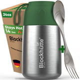Insulated food jar with dark green lid, 24 oz, closed, next to its box reading Stays Hot 14 hrs, with a steel spork