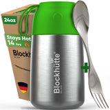 Insulated food jar with bright green lid, 24 oz, closed, next to its box reading Stays Hot 14 hrs, with a steel spork