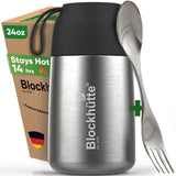 Insulated food jar with black lid, 24 oz, closed, next to its box reading Stays Hot 14 hrs, with a stainless steel spork