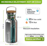 Cutaway of the insulated water bottle with bamboo-topped cap, ice water inside: 25 hours ice cold, 13 hours hot, 18/8 steel