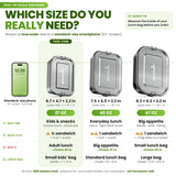 Size guide: 27, 40 and 47 oz lunch boxes at true scale next to a smartphone, with what fits and which lunch bag; 27 oz highlighted