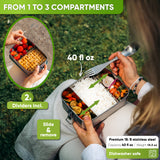 Open 40 oz lunch box with rice and roasted vegetables in up to three compartments; 2 removable dividers included, 14.5 oz, dishwasher safe