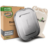 Stainless steel lunch box, 47 oz, closed, in front of its box labeled Includes spare seal and a cotton drawstring bag
