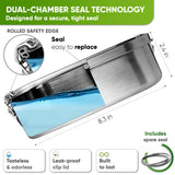 Cutaway of the 47 oz lunch box half filled with water: dual-chamber seal, rolled edge, 8.3 in long, 2.4 in tall, spare seal included