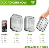 Size chart, three closed lunch boxes beside a phone: 47 oz 8.26 in, 0.93 lb; 40 oz 7.48 in, 0.90 lb; 27 oz 6.69 in, 0.66 lb