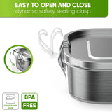 Close-up of the steel clasp on a closed lunch box with a diagram of the latch swinging open; dishwasher safe, BPA free