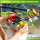 Infographic: open 27 oz lunch box with raspberries, blueberries and grapes; 2 dividers included, 0.66 lb, dishwasher safe