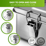 Close-up of the steel clips on a closed lunch box, three steps showing how they open and close; dishwasher safe, BPA free
