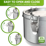 Close-up of the steel clasp on the salad bowl lid, three steps showing how it opens and closes, BPA free