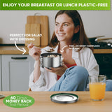 Woman in a kitchen eating cereal with milk from the open stainless steel salad bowl, lid and orange juice on the table