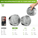 Size chart with 60 oz highlighted: three stainless steel salad bowls beside a phone for scale, with diameter, height, weight