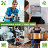 Collage: nurse eating from the salad bowl, open freezer, dishwasher rack, cook in oven mitts holding a copper-colored pan