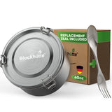 Stainless steel salad bowl with lid, closed, 60 oz, with spork and box labeled replacement seal included