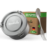 Stainless steel salad bowl 26 oz, closed, with spork and box labeled replacement seal included