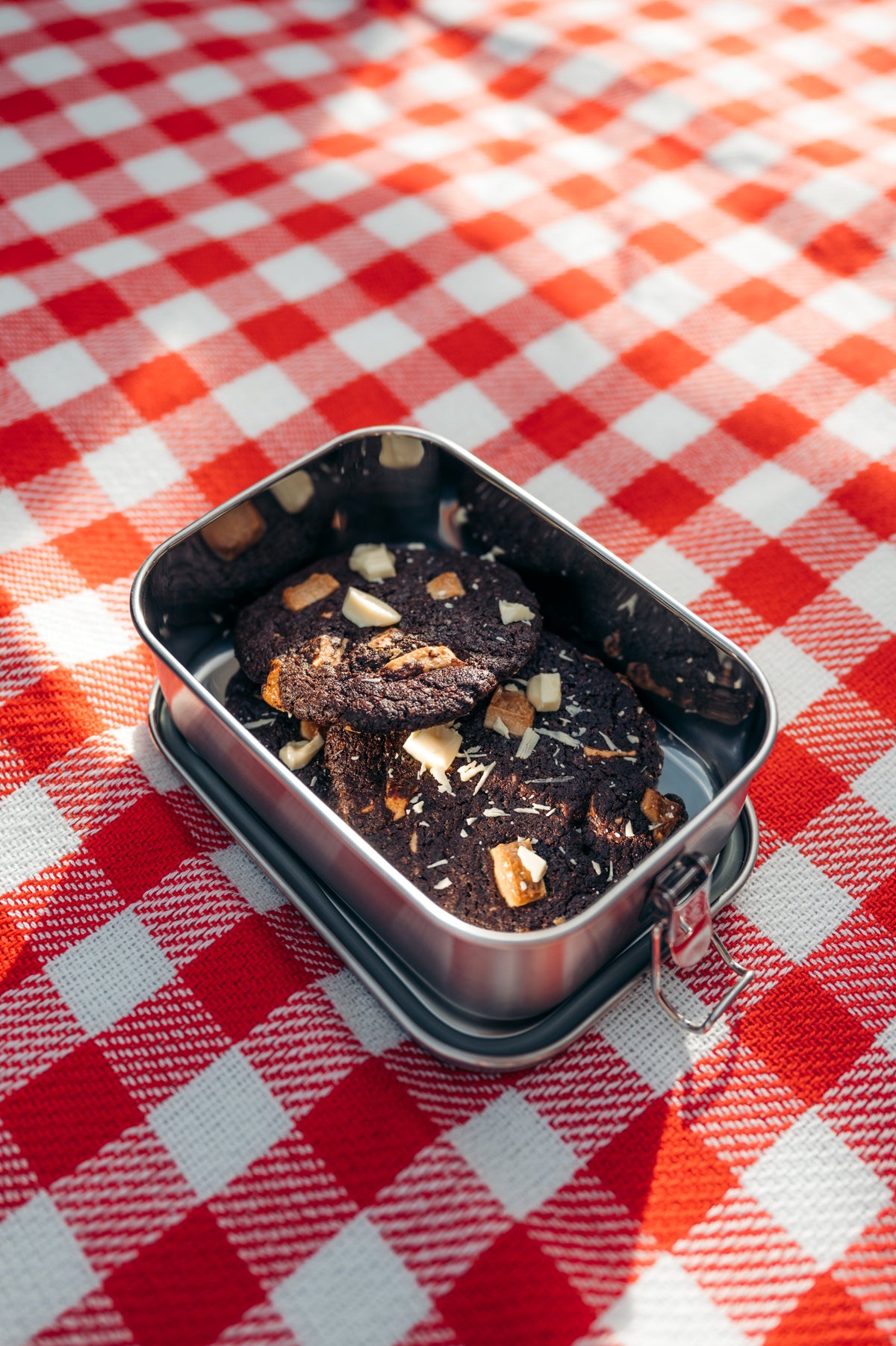 Open stainless steel lunch box on a checkered picnic blanket, filled with cookies