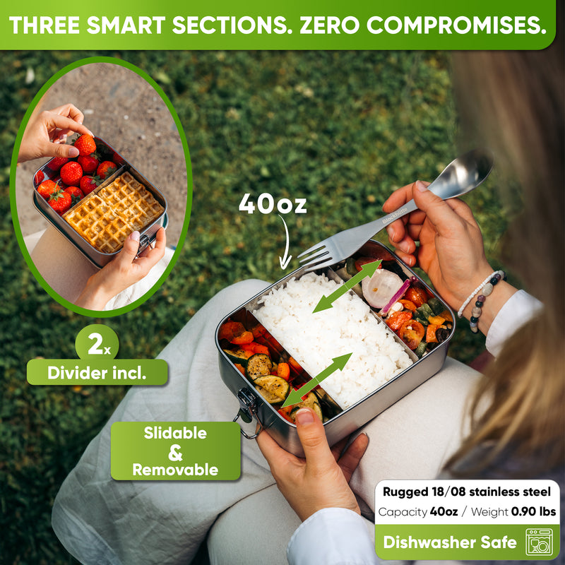 Infographic: open 40 oz lunch box with rice and vegetables held on a lap; 2 dividers included, 0.90 lb, dishwasher safe