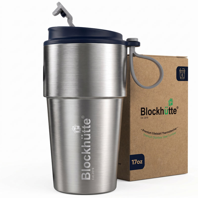 Stainless Steel Insulated Travel Mug with Leak-Proof Snap Lid in Navy Blue, 17 oz, shown with its packaging