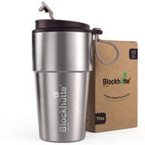 Stainless Steel Insulated Travel Mug with Leak-Proof Snap Lid in Brown, 17 oz, shown with its packaging