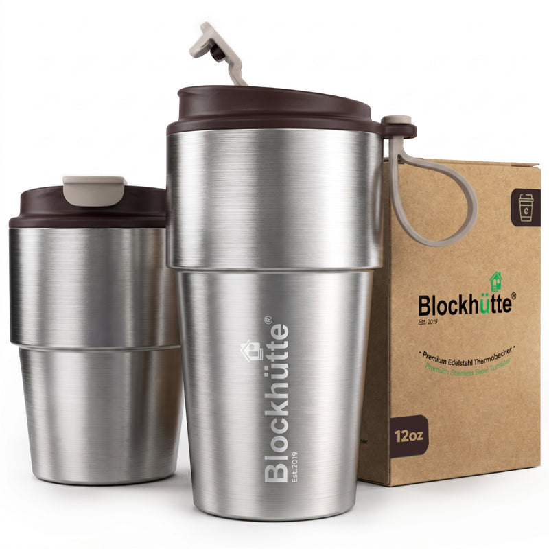Stainless Steel Insulated Travel Mug with Leak-Proof Snap Lid in Brown, 12 oz, shown with its packaging