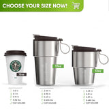 Size comparison: the 12 oz and 17 oz travel mug next to a standard takeaway cup – Brown