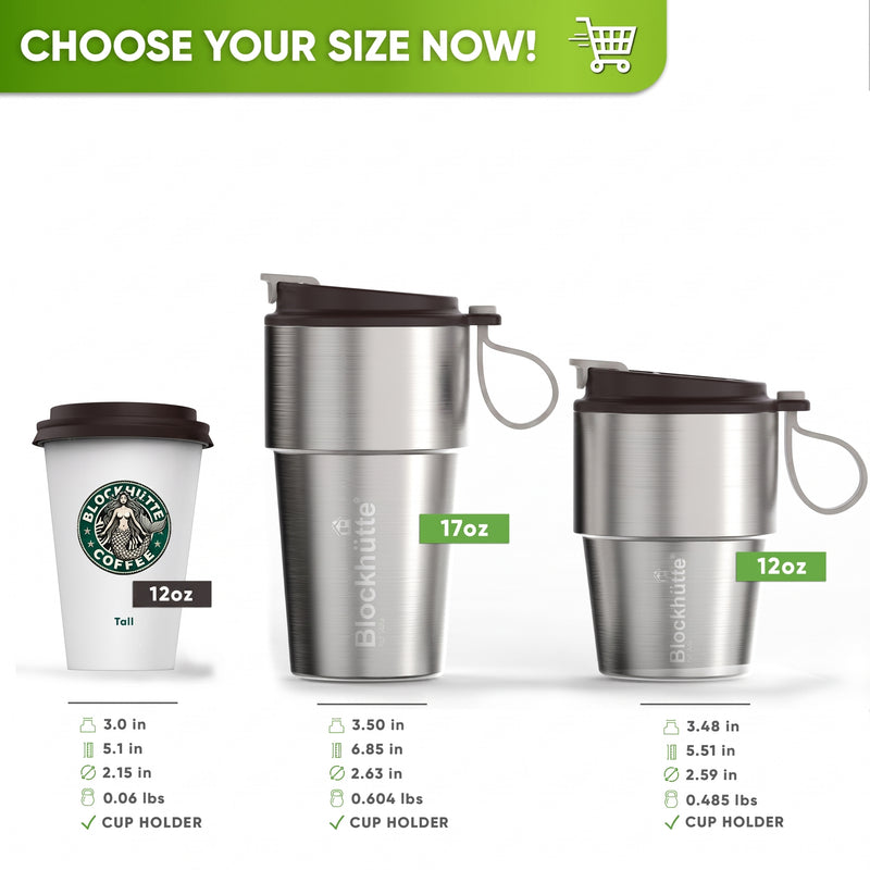 Size comparison: the 12 oz and 17 oz travel mug next to a standard takeaway cup – Brown