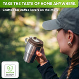 Stainless Steel Insulated Travel Mug with Leak-Proof Snap Lid outdoors on the go – Brown, 12 oz
