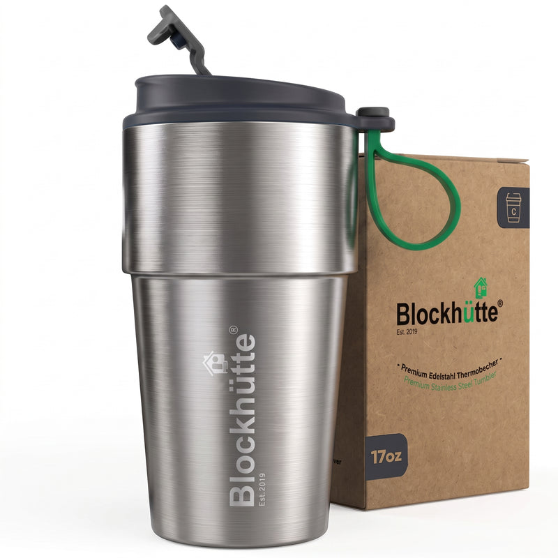 Stainless Steel Insulated Travel Mug with Leak-Proof Snap Lid in Gray, 17 oz, shown with its packaging