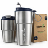Stainless Steel Insulated Travel Mug with Leak-Proof Snap Lid in Navy Blue, 12 oz, shown with its packaging