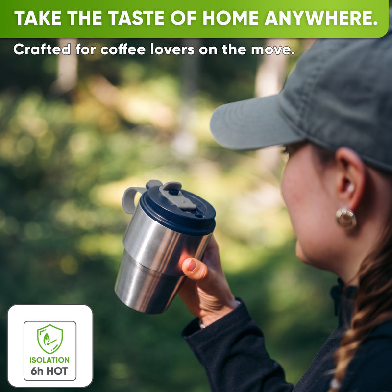 Stainless Steel Insulated Travel Mug with Leak-Proof Snap Lid outdoors on the go – Navy Blue, 12 oz