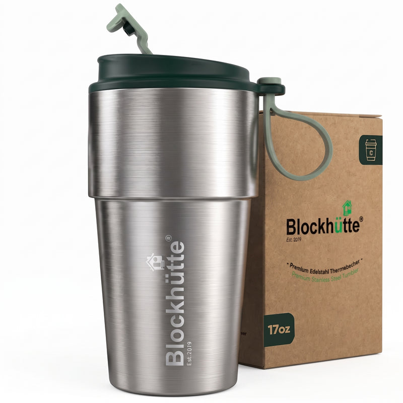 Stainless Steel Insulated Travel Mug with Leak-Proof Snap Lid in Dark Green, 17 oz, shown with its packaging