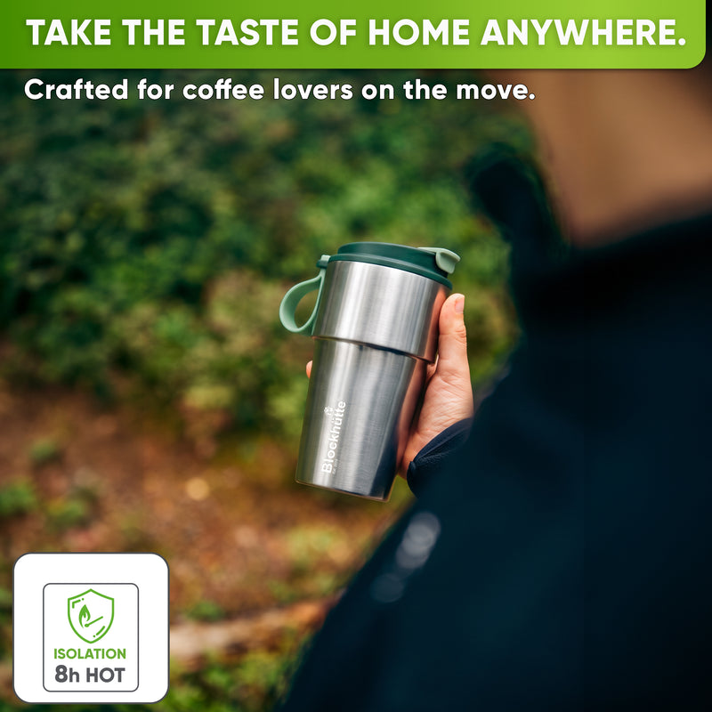 Stainless Steel Insulated Travel Mug with Leak-Proof Snap Lid outdoors on the go – Dark Green, 17 oz