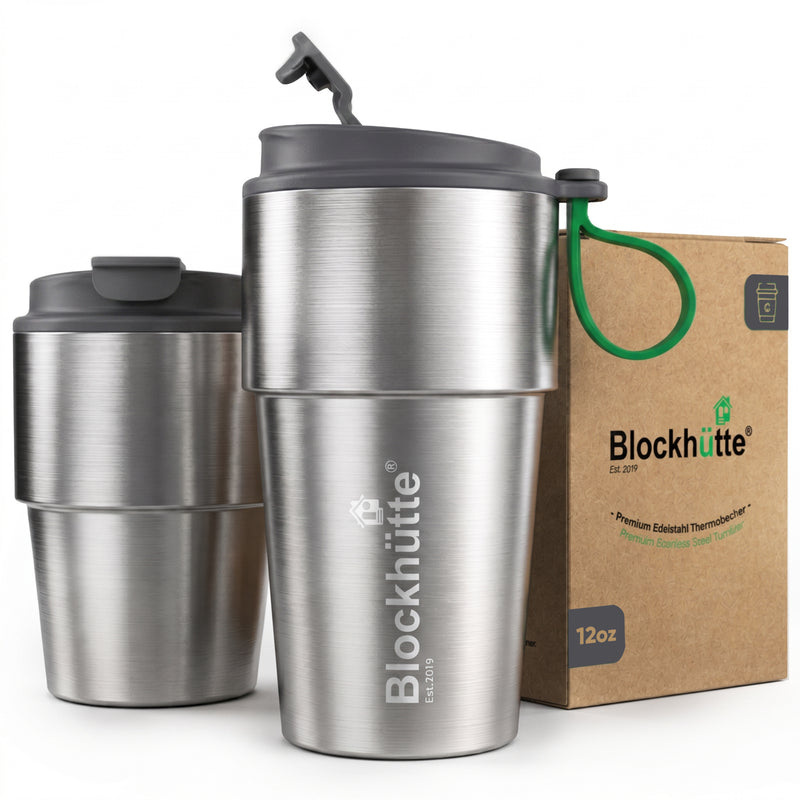 Stainless Steel Insulated Travel Mug with Leak-Proof Snap Lid in Gray, 12 oz, shown with its packaging