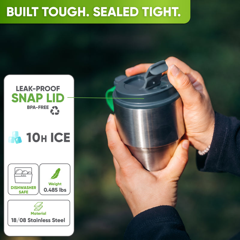 Leak-proof snap lid, 10 hours cold and dishwasher safe – Gray, 12 oz
