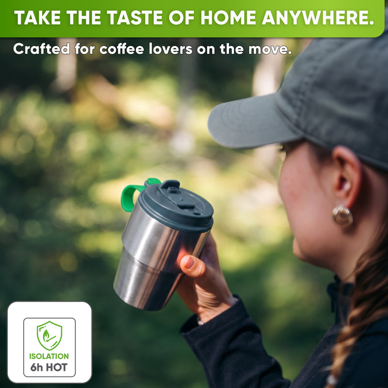 Stainless Steel Insulated Travel Mug with Leak-Proof Snap Lid outdoors on the go – Gray, 12 oz